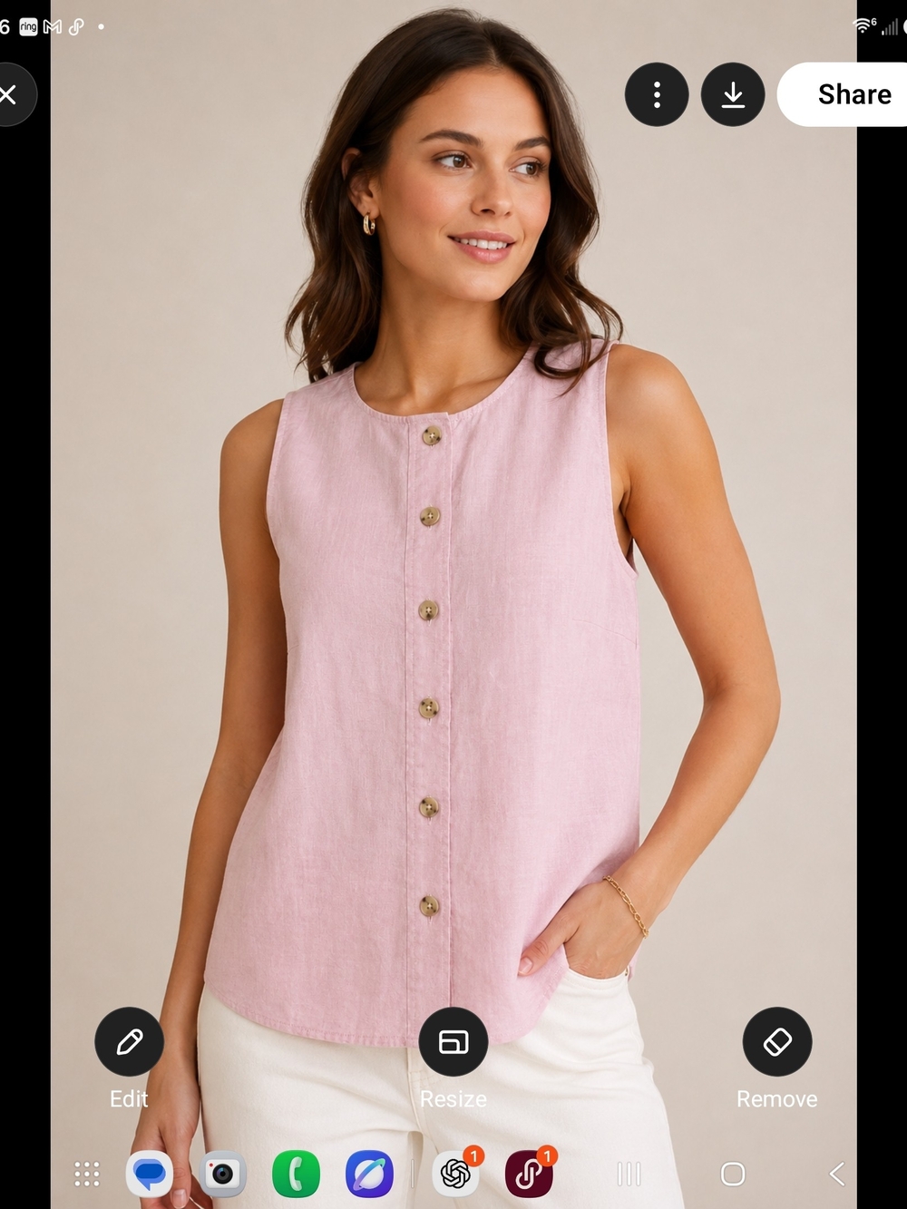 J. Crew Pink Sleeveless Button-Front Linen-Blend Tank